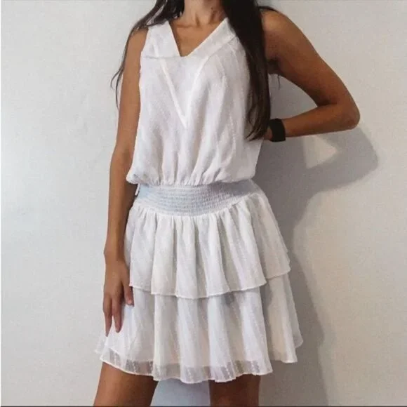 Ramy Brook Carl Deep V-Neck Smocked Tiered Textured Ruffle Mini Dress Ivory - Picture 3 of 11
